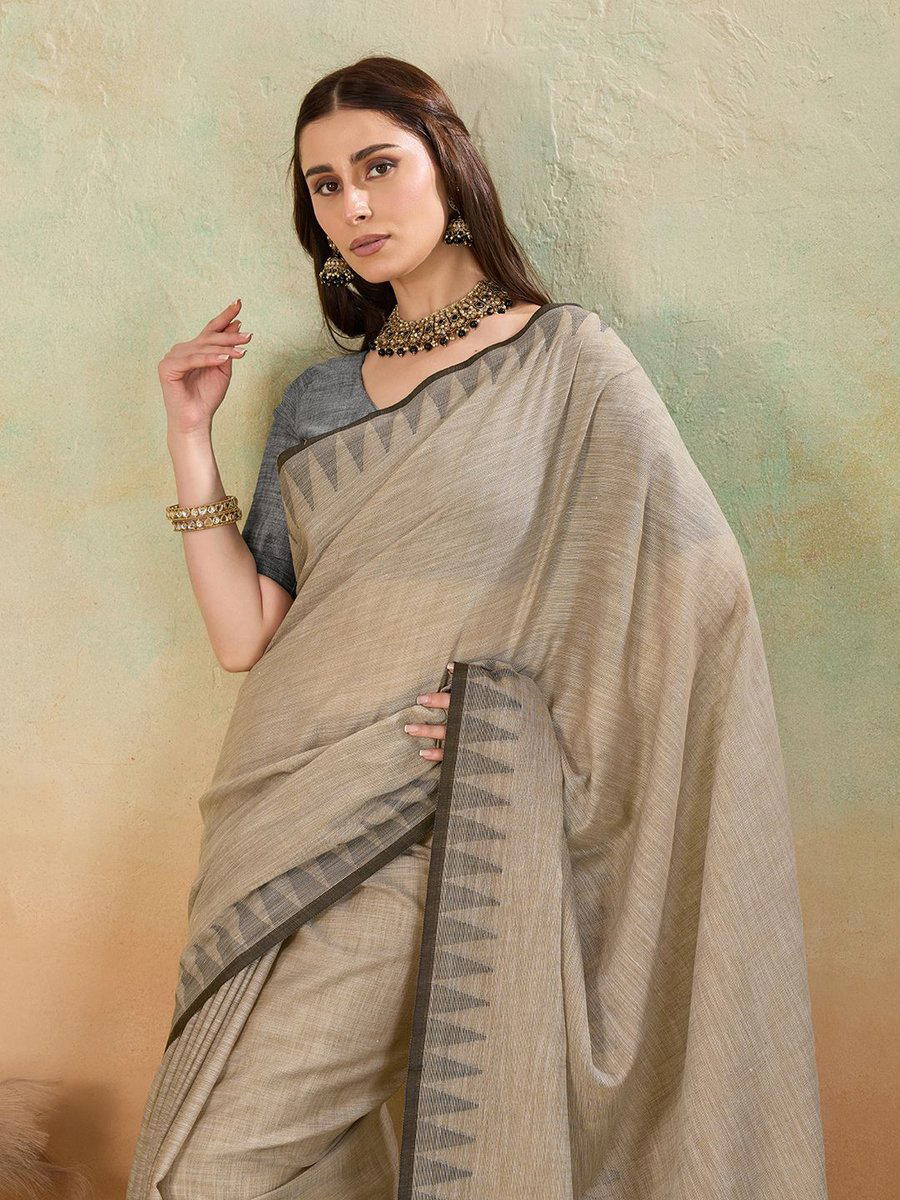 BFM Beige Linen Woven Temple Border Handloom Saree For Women 1