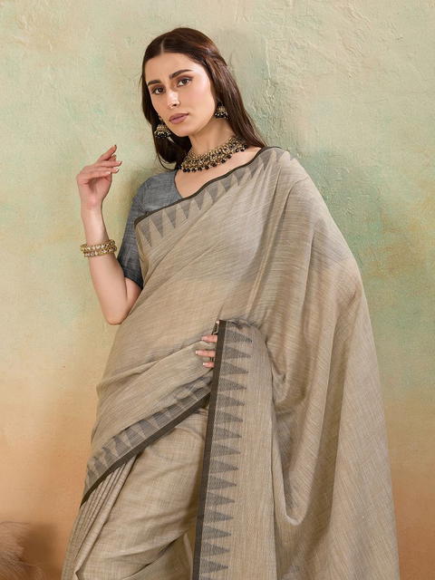 BFM Beige Linen Woven Temple Border Handloom Saree For Women