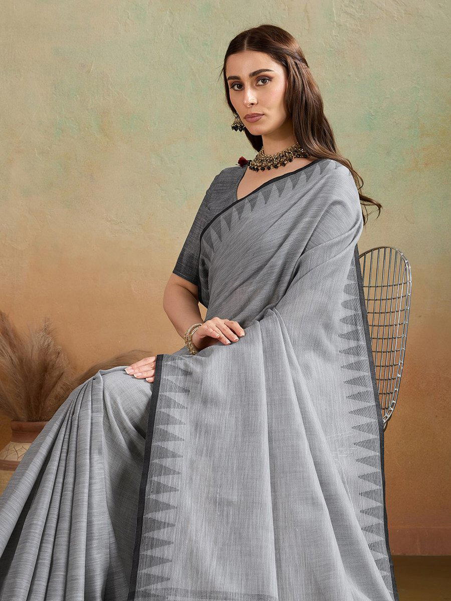 BFM Grey Linen Woven Temple Border Handloom Saree For Women 1
