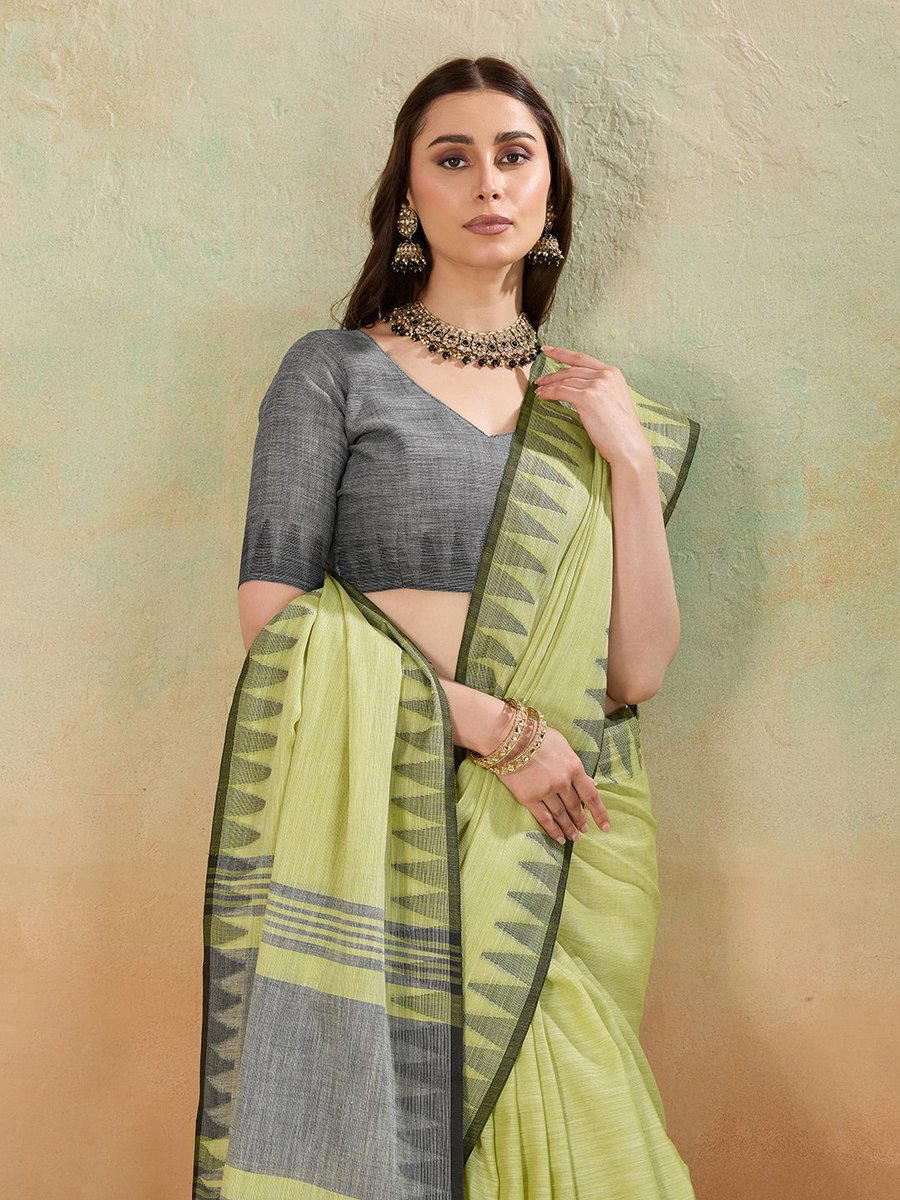 BFM Light Green Linen Woven Temple Border Handloom Saree For Women 1