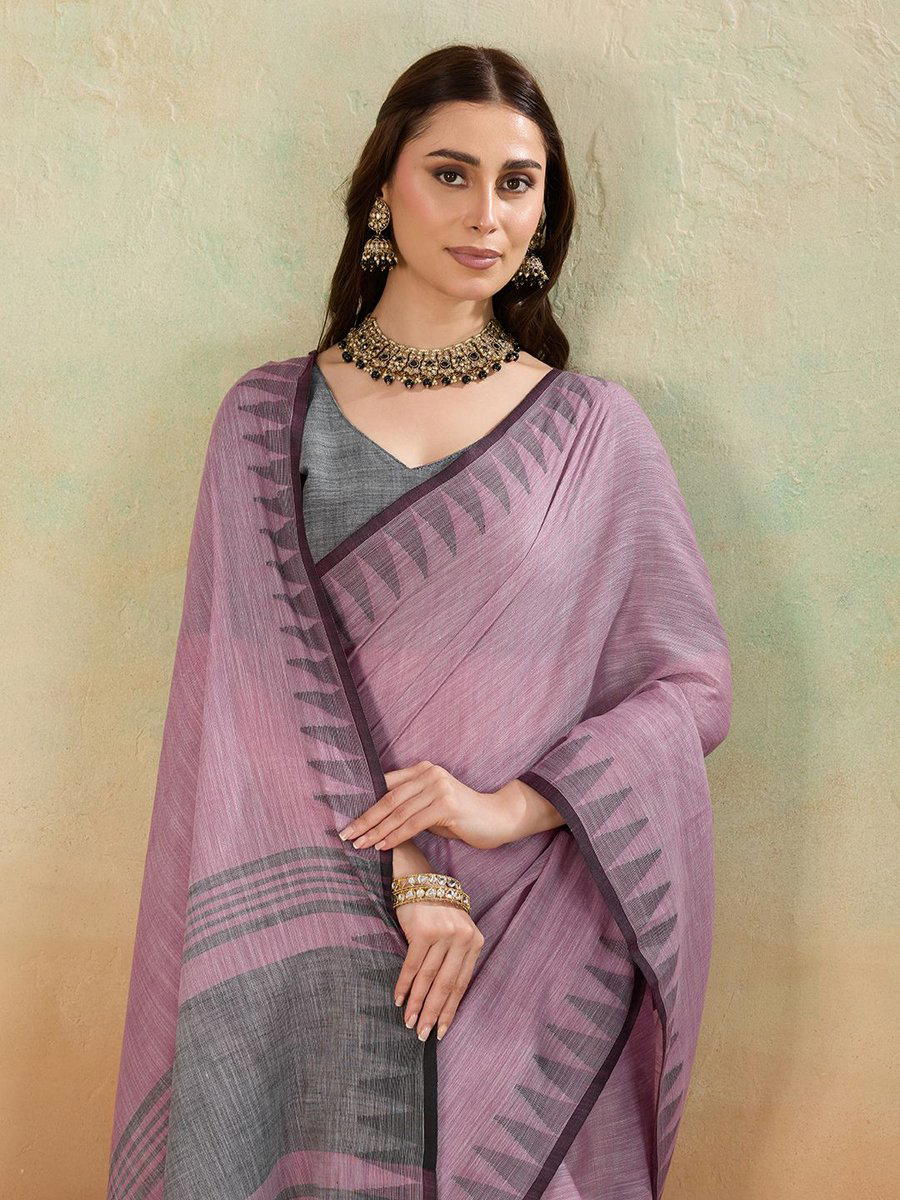BFM Magenta Linen Woven Temple Border Handloom Saree For Women 1
