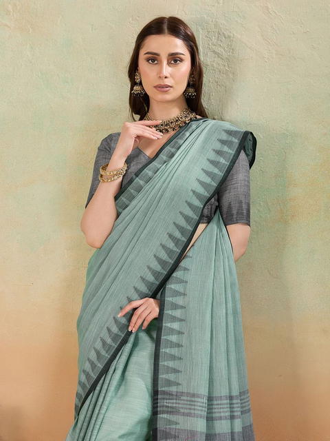 BFM Rama Linen Woven Temple Border Handloom Saree For Women