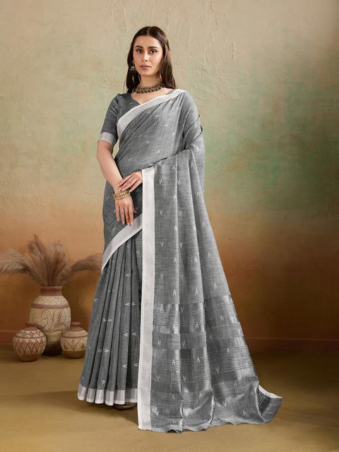 BFM Grey Linen Woven Ikkat Butti Saree For Women