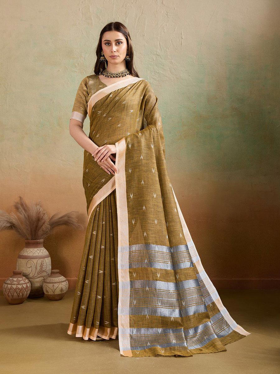 BFM Olive Linen Woven Ikkat Butti Saree For Women 1