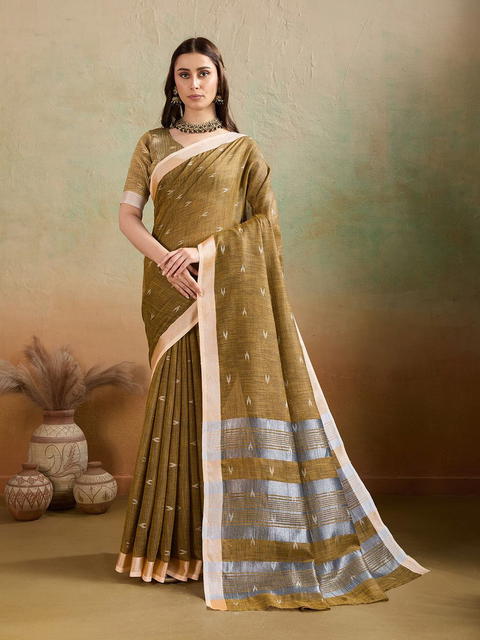 BFM Olive Linen Woven Ikkat Butti Saree For Women