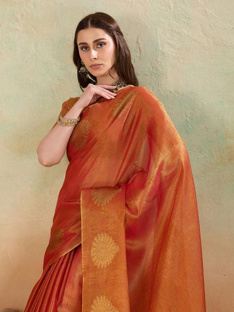 BFM Red Tissue Woven Mango Butta Embellished Saree For Women