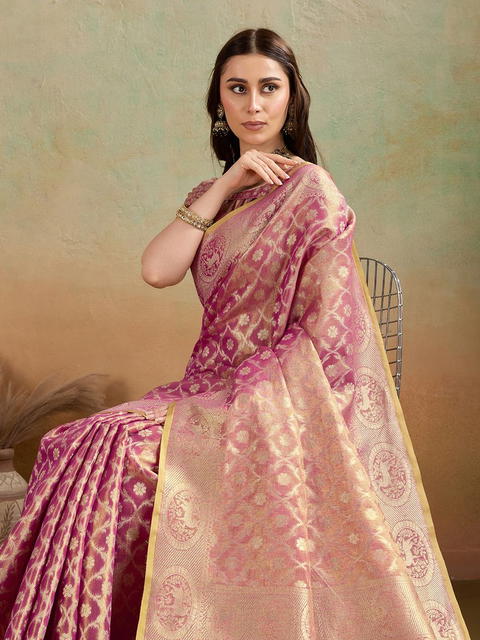 BFM Rani Tissue Woven Jaal Embellished Banarasi Saree For Women