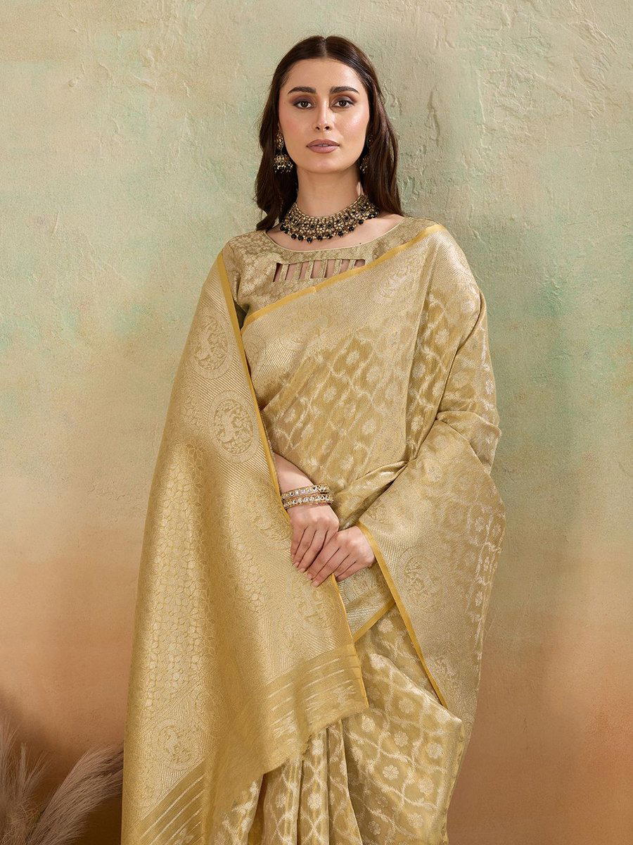 BFM Gold Tissue Woven Jaal Embellished Banarasi Saree For Women 1