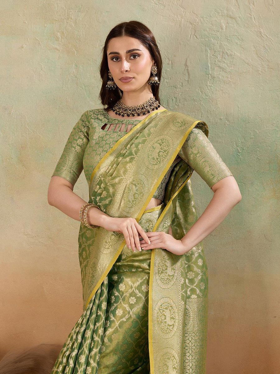 BFM Green Tissue Woven Jaal Embellished Banarasi Saree For Women 1