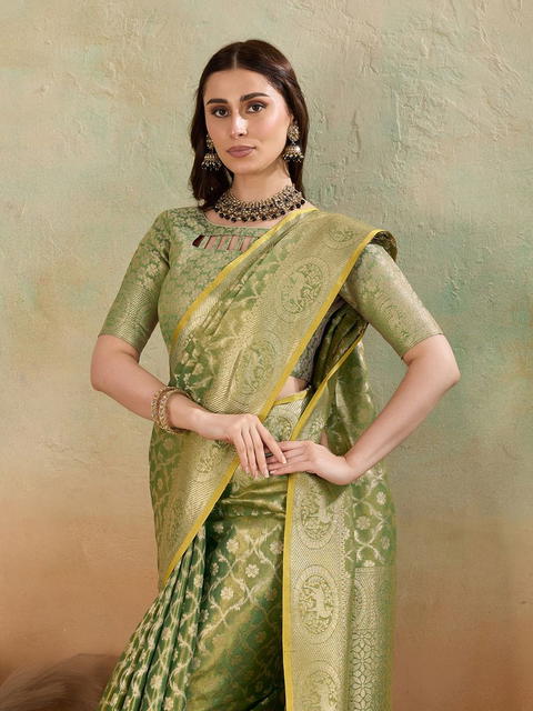 BFM Green Tissue Woven Jaal Embellished Banarasi Saree For Women
