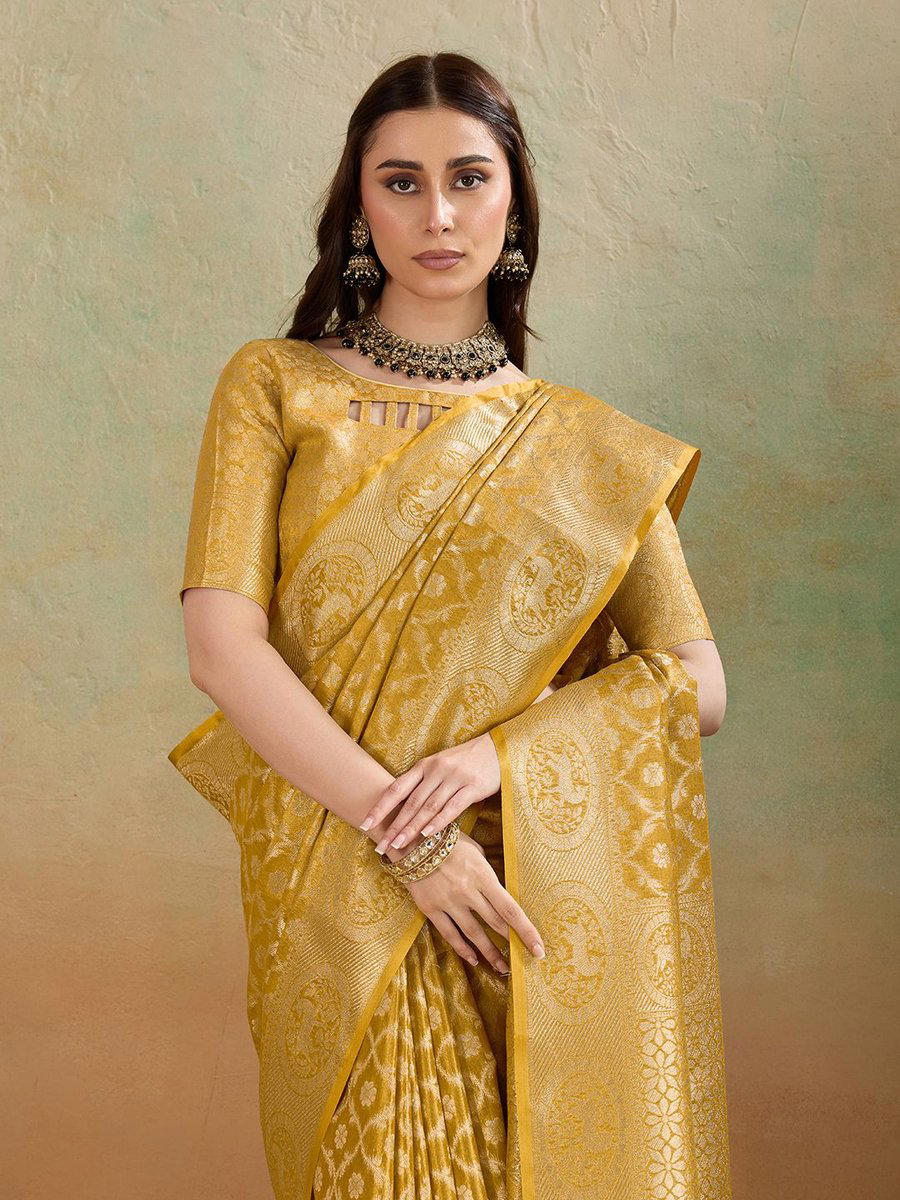 BFM Mustard Tissue Woven Jaal Embellished Banarasi Saree For Women 1