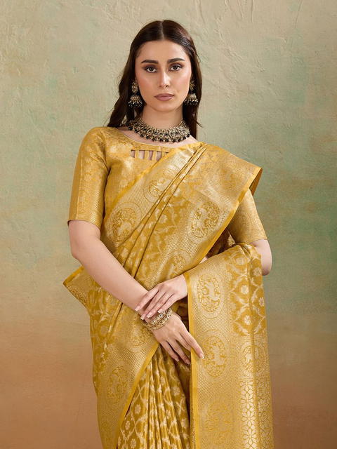BFM Mustard Tissue Woven Jaal Embellished Banarasi Saree For Women