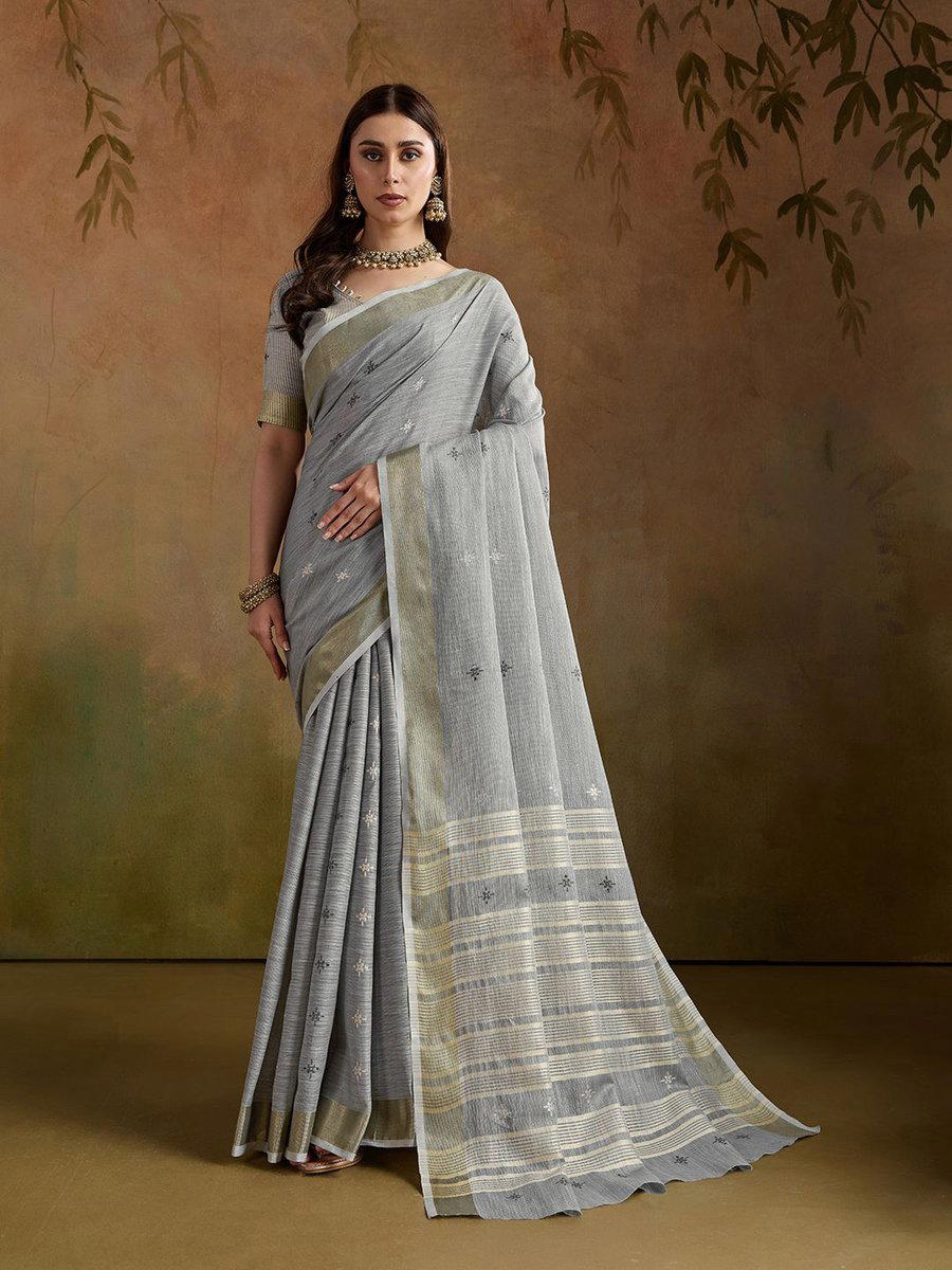 BFM Grey Linen Woven Beautiful Butti With Striped Saree For Women 1