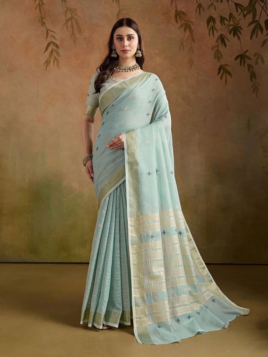 BFM Pastel Green Linen Woven Beautiful Butti With Striped Saree For Women 1