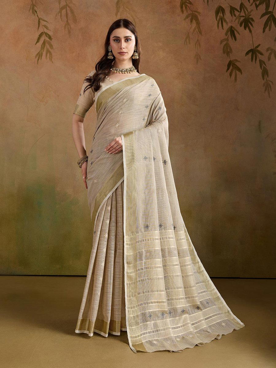 BFM Beige Linen Woven Beautiful Butti With Striped Saree For Women 1