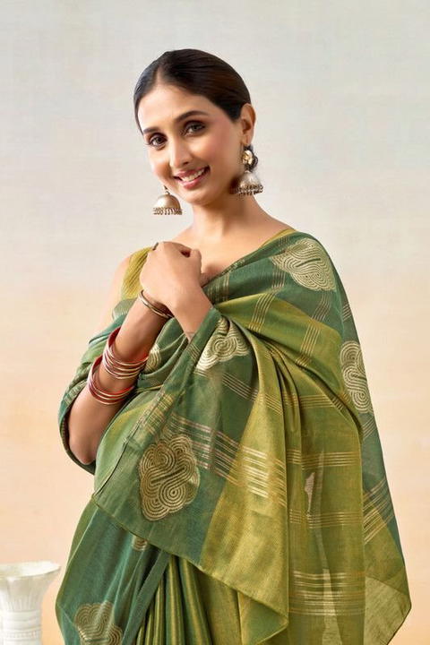 BFM Womens Tissue Saree Green  Woven & Embellished Designer Saree for Women