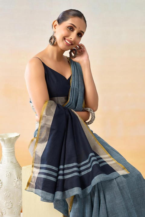 BFM Blue Linen Handloom Saree  Soft Lightweight Summer Daily & Festive Comfort Wear Saree for Women