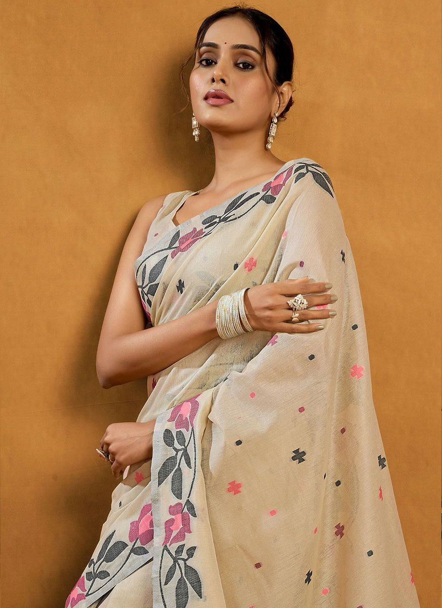 BFM Beige Cotton Blend Jamdani Saree with Solid Border  Soft Lightweight  Saree for Women 1