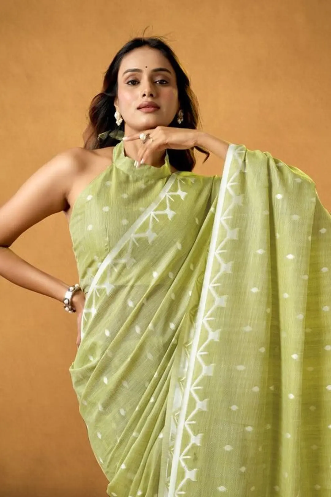BFM Womens Linen Saree Cream  Ikkat Woven Design Saree for Women with Unstitched Blouse Piece  Daily Office 1