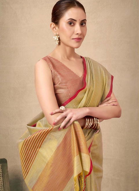 BFM Womens Tissue Saree Gold  Self Design Woven Designer Saree for Women