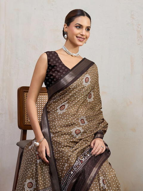 BFM Brown Cotton Blend Bandhni Print Saree with Self Design Border