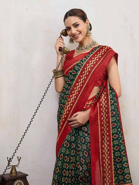 BFM Dark Green Cotton Blend Geometric Print Saree with Printed Border  Soft Lightweight  Saree for Women