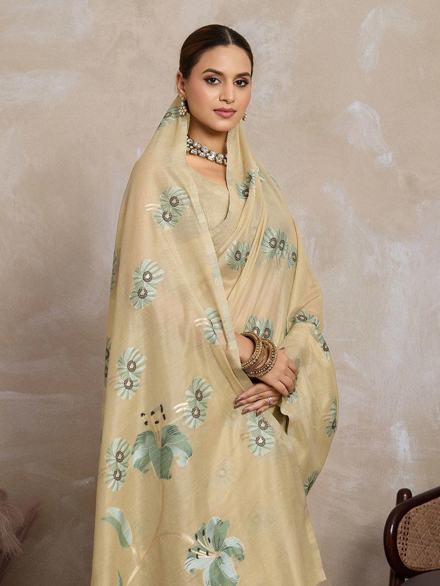 BFM Gold Sea Green Cotton Blend Floral Print Saree with Solid Border  Soft Lightweight  Saree for Women 1