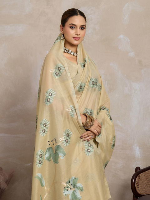 BFM Gold Sea Green Cotton Blend Floral Print Saree with Solid Border  Soft Lightweight  Saree for Women