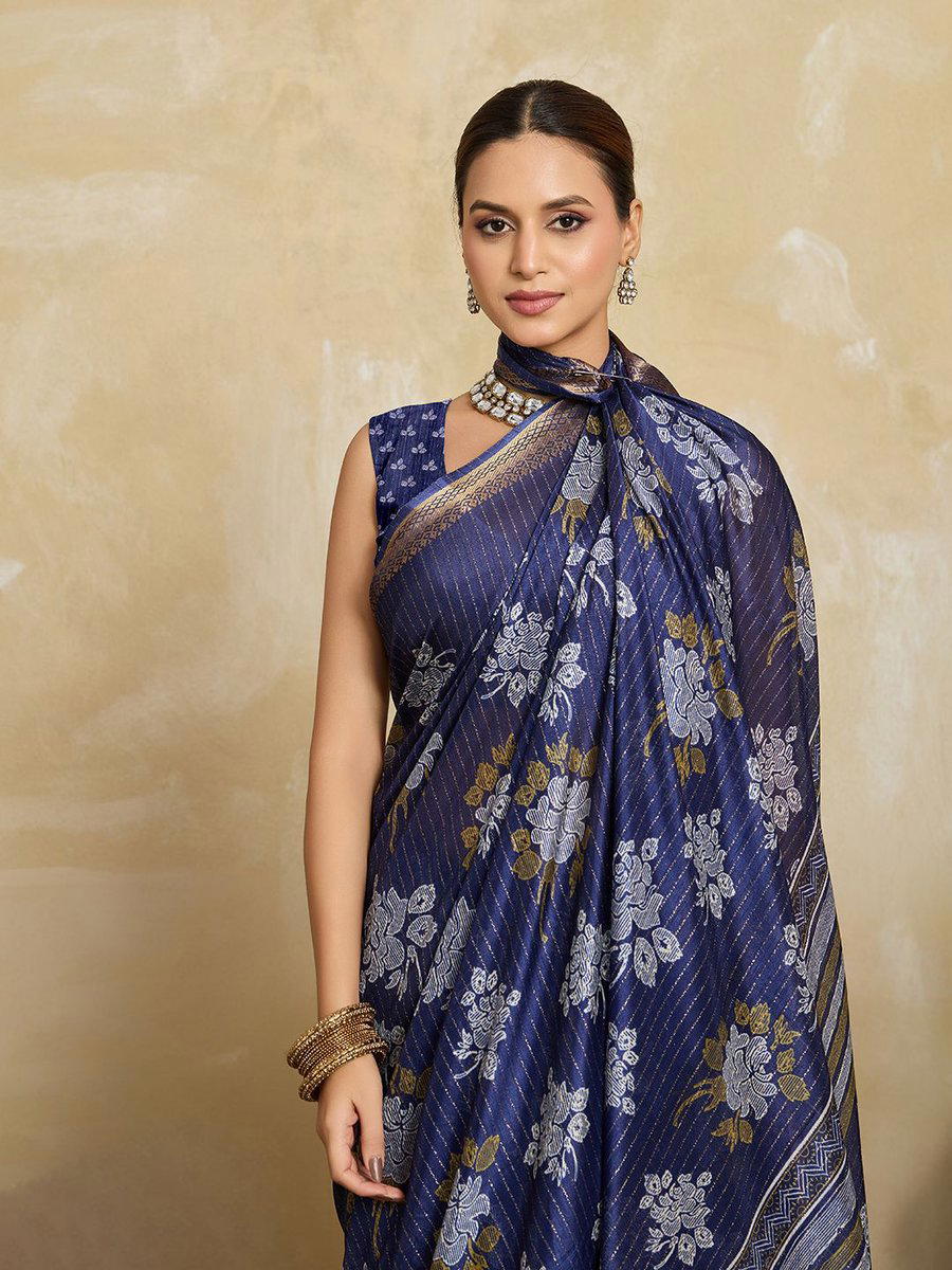 BFM Blue Silk Floral Print Saree with Jari Border  Soft Lightweight  Saree for Women 1