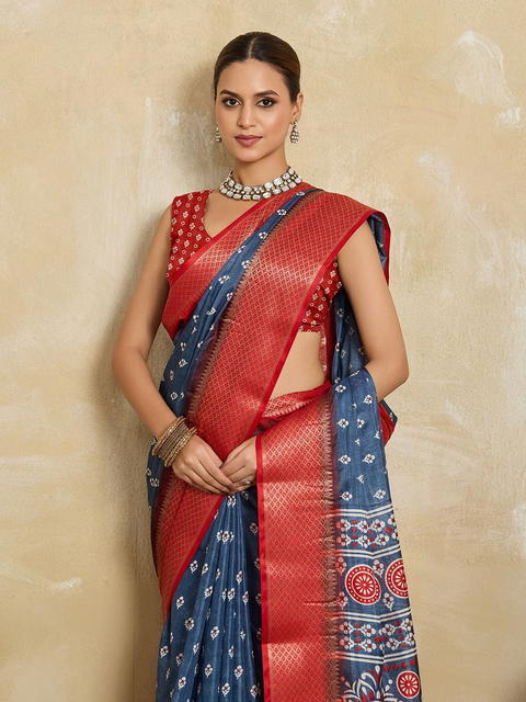 BFM Blue Silk Printed Saree with Heavy Border  Soft Lightweight  Saree for Women