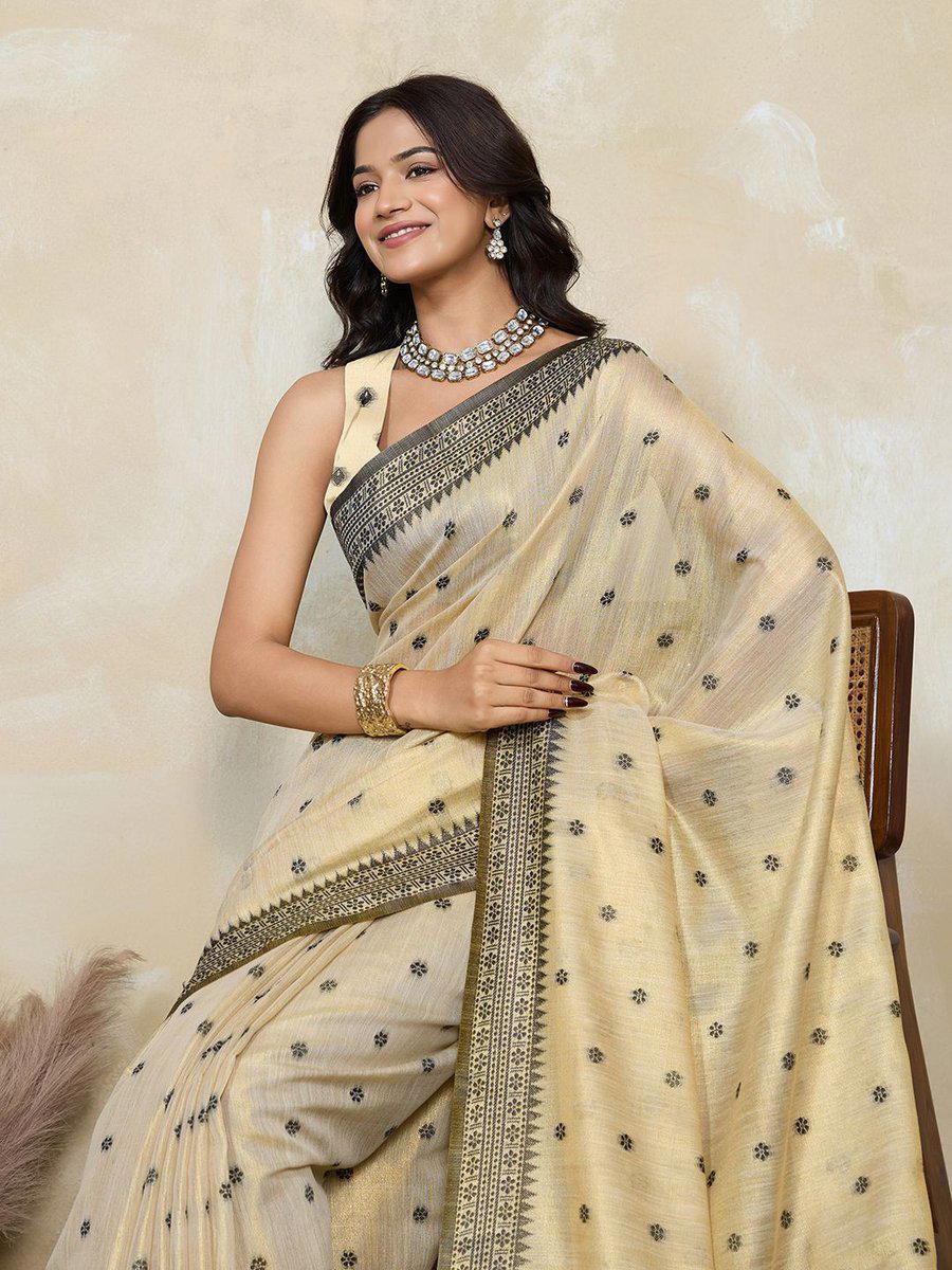 BFM Cream Tissue Saree with Self Design Border  Soft Lightweight  Saree for Women 1
