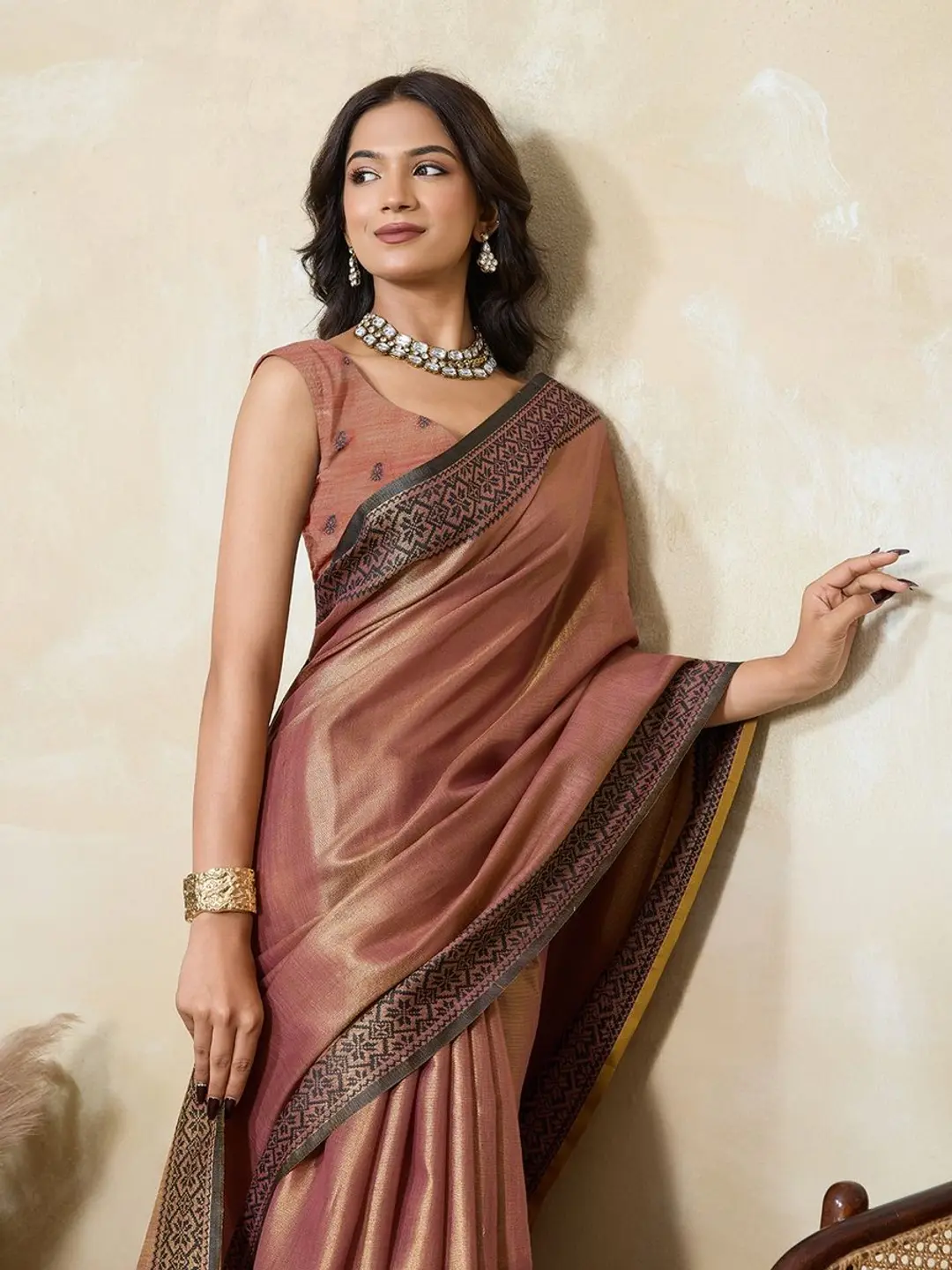 BFM Gold Tissue Woven Saree with Self Design Border  Soft Lightweight  Saree for Women 1
