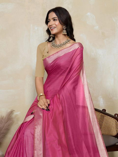 BFM Womens Rani Beige Khadi Cotton Saree with Golden Tone Zari Border and Pallu