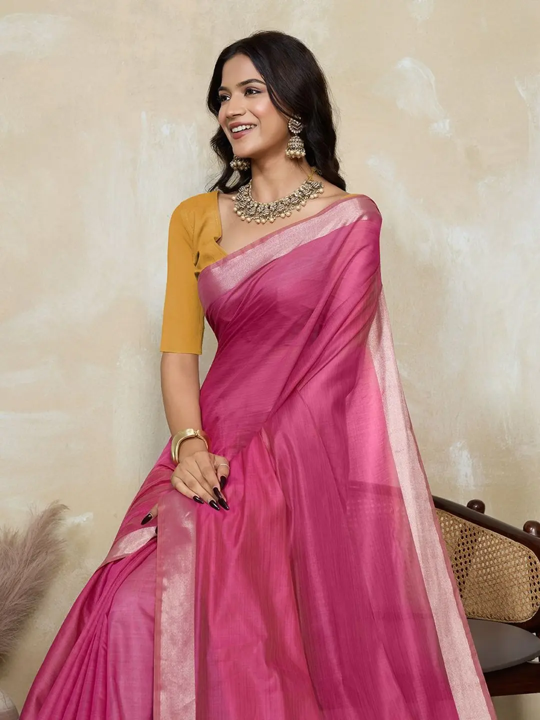BFM Womens Rani Beige Khadi Cotton Saree with Golden Tone Zari Border and Pallu 1