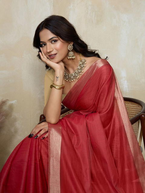 BFM Womens Red Beige Khadi Cotton Saree with Golden Tone Zari Border and Pallu