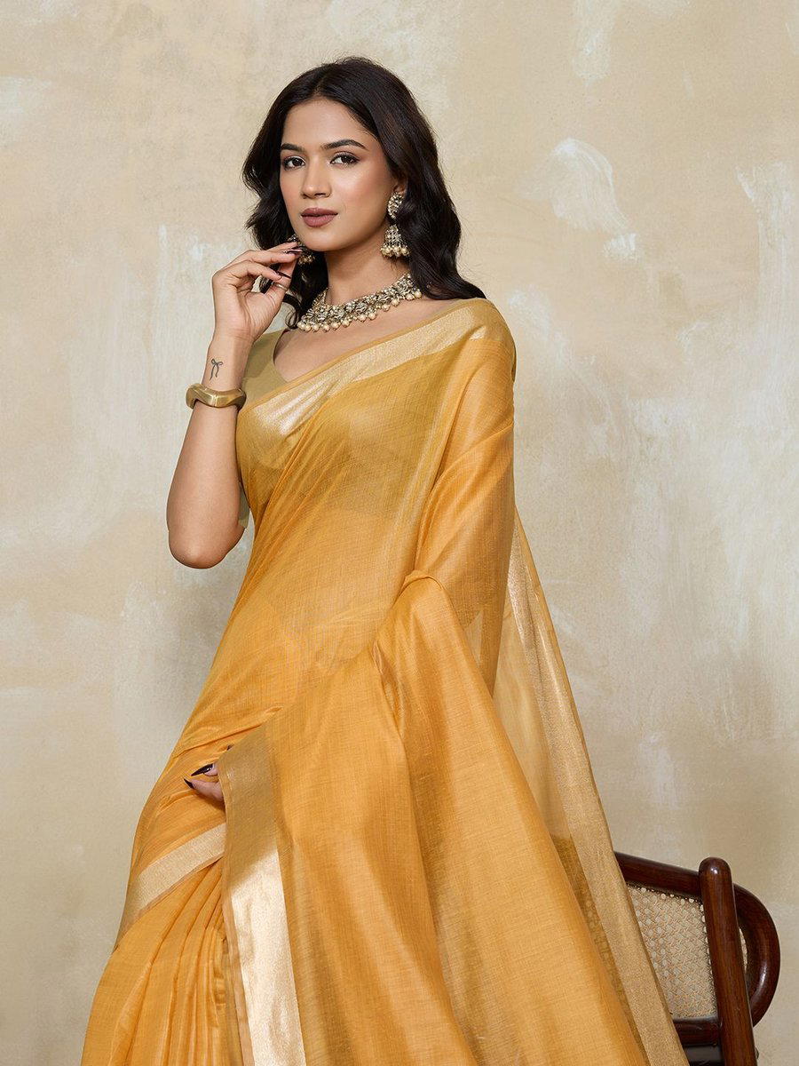 BFM Womens Gold Beige Khadi Cotton Saree with Golden Tone Zari Border and Pallu 1