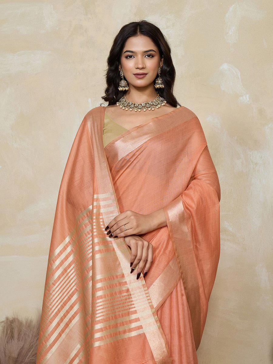 BFM Womens Peach Beige Khadi Cotton Saree with Golden Tone Zari Border and Pallu 1