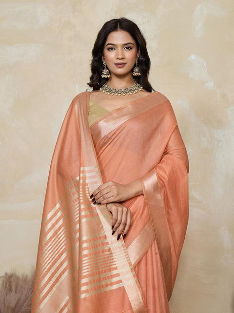 BFM Womens Peach Beige Khadi Cotton Saree with Golden Tone Zari Border and Pallu