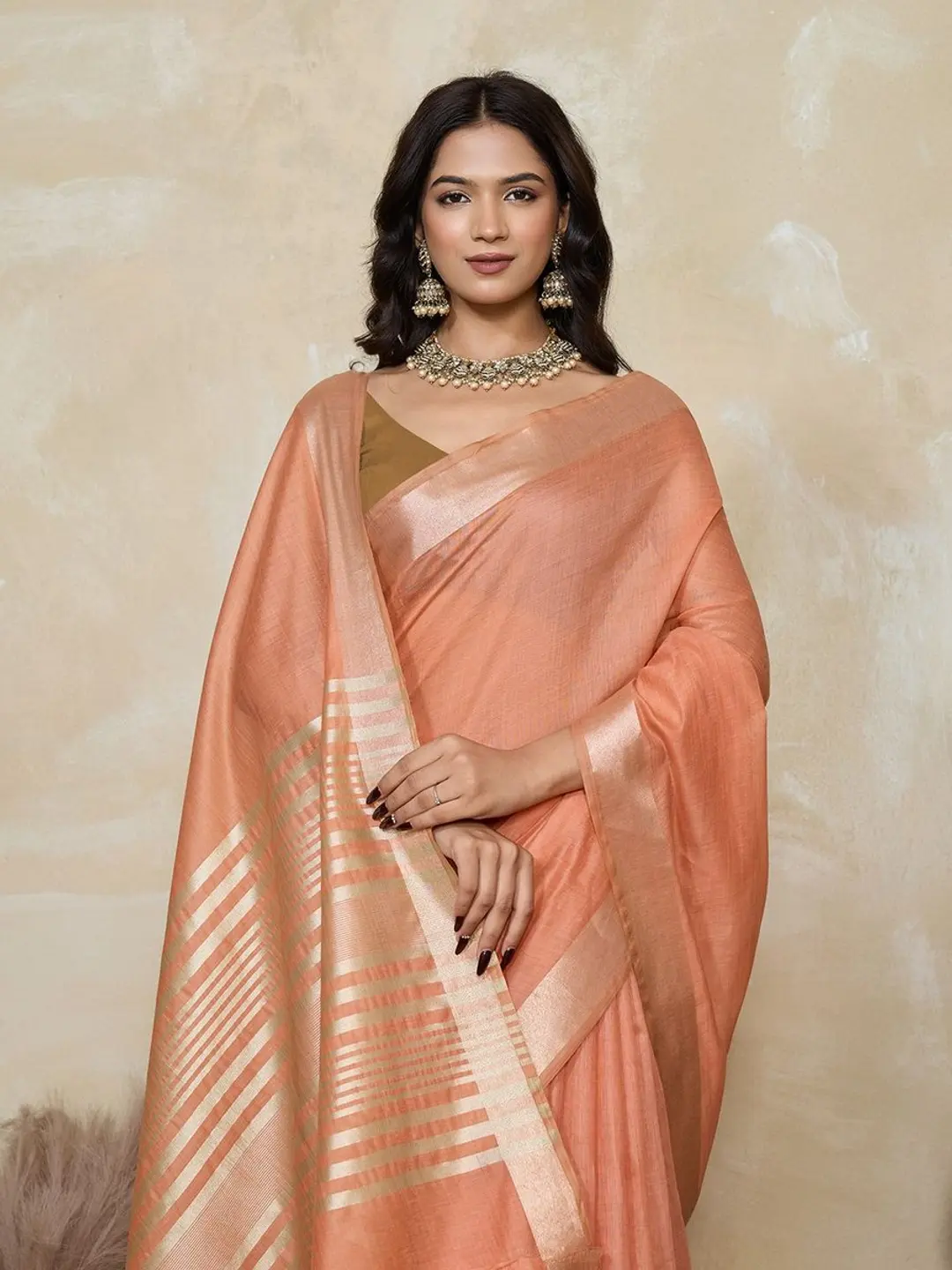 BFM Womens Peach Beige Khadi Cotton Saree with Golden Tone Zari Border and Pallu 1