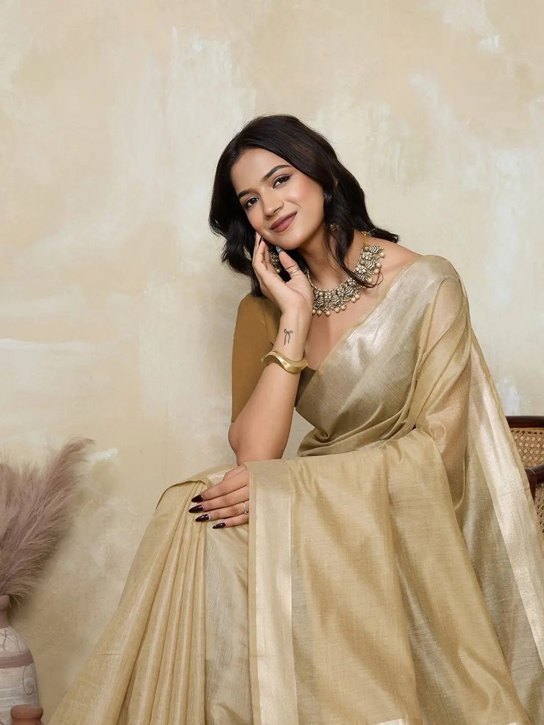 BFM Womens Beige Beige Khadi Cotton Saree with Golden Tone Zari Border and Pallu 1