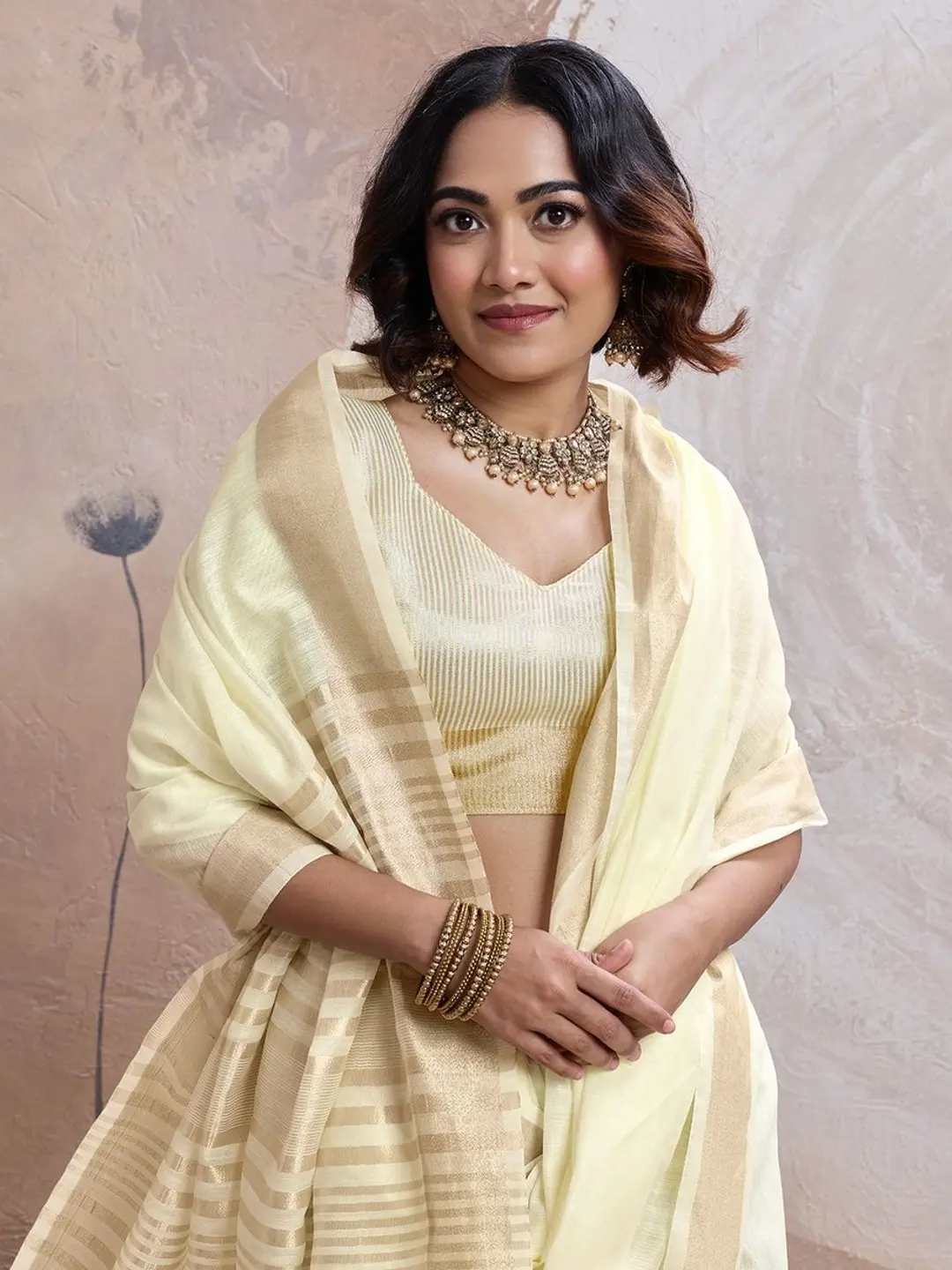 BFM Brown Linen Woven Design Solid Plain Zari Saree For Women 1