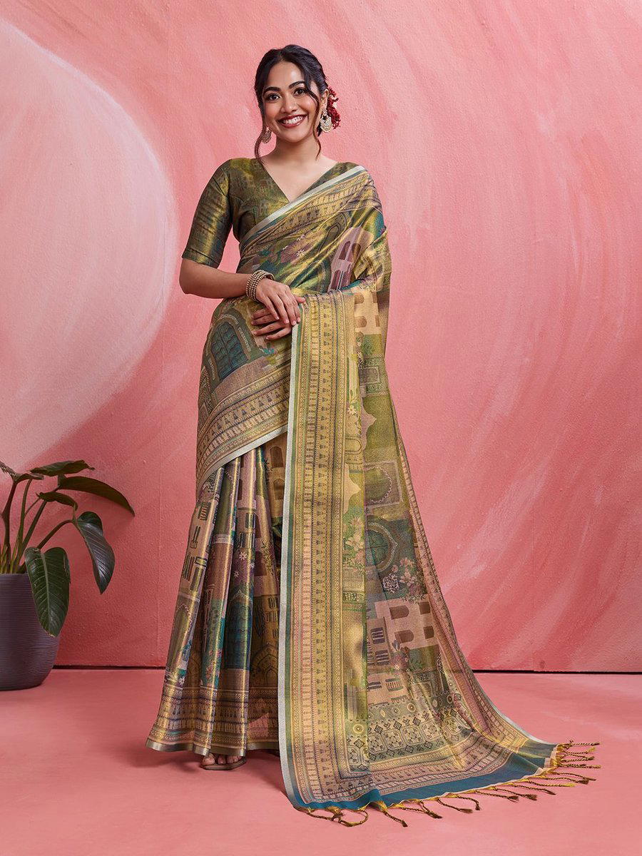 BFM Brown Tissue Kalamkari Ethnic Motifs Designer Banarasi Saree For Women 1