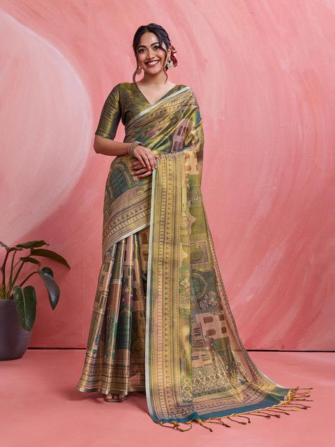 BFM Brown Tissue Kalamkari Ethnic Motifs Designer Banarasi Saree For Women