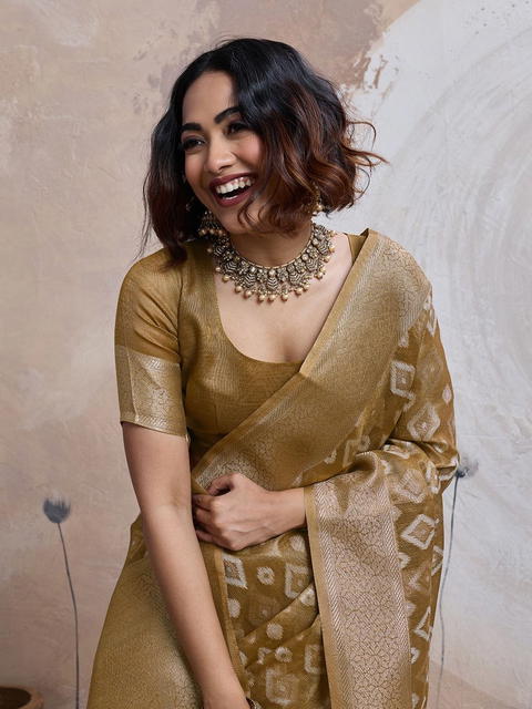 BFM Mehandi Tissue Geometric Woven Design Zari Banarasi Saree For Women