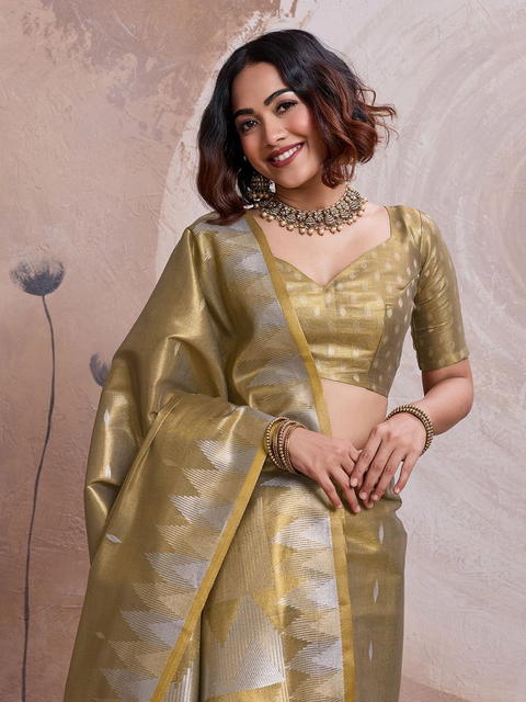 BFM Mehandi Tissue Floral Ethnic Motifs Zari Heavy Work Banarasi Saree For Women