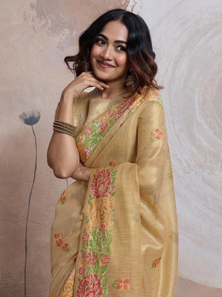 BFM Cream Tissue Floral Embroidered Heavy Work Banarasi Saree For Women 1