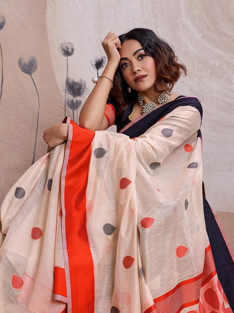 BFM Beige Khadi Polka Dot Heavy Work Saree For Women