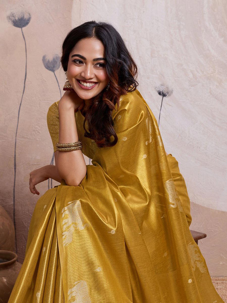 BFM Mustard Tissue Ethnic Motifs Zari Banarasi Saree For Women 1