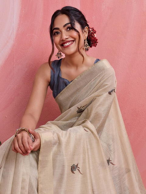 BFM Blue Khadi Ethnic Motifs Floral Saree Women