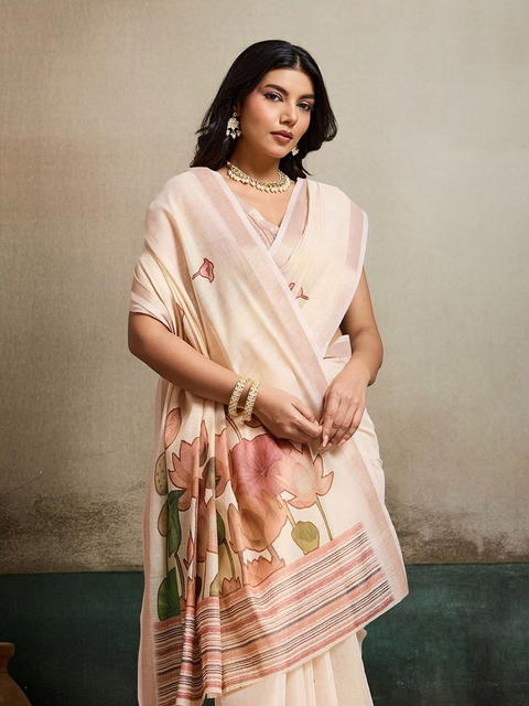 BFM Brown Tissue Floral Ethnic Motifs Saree For Women